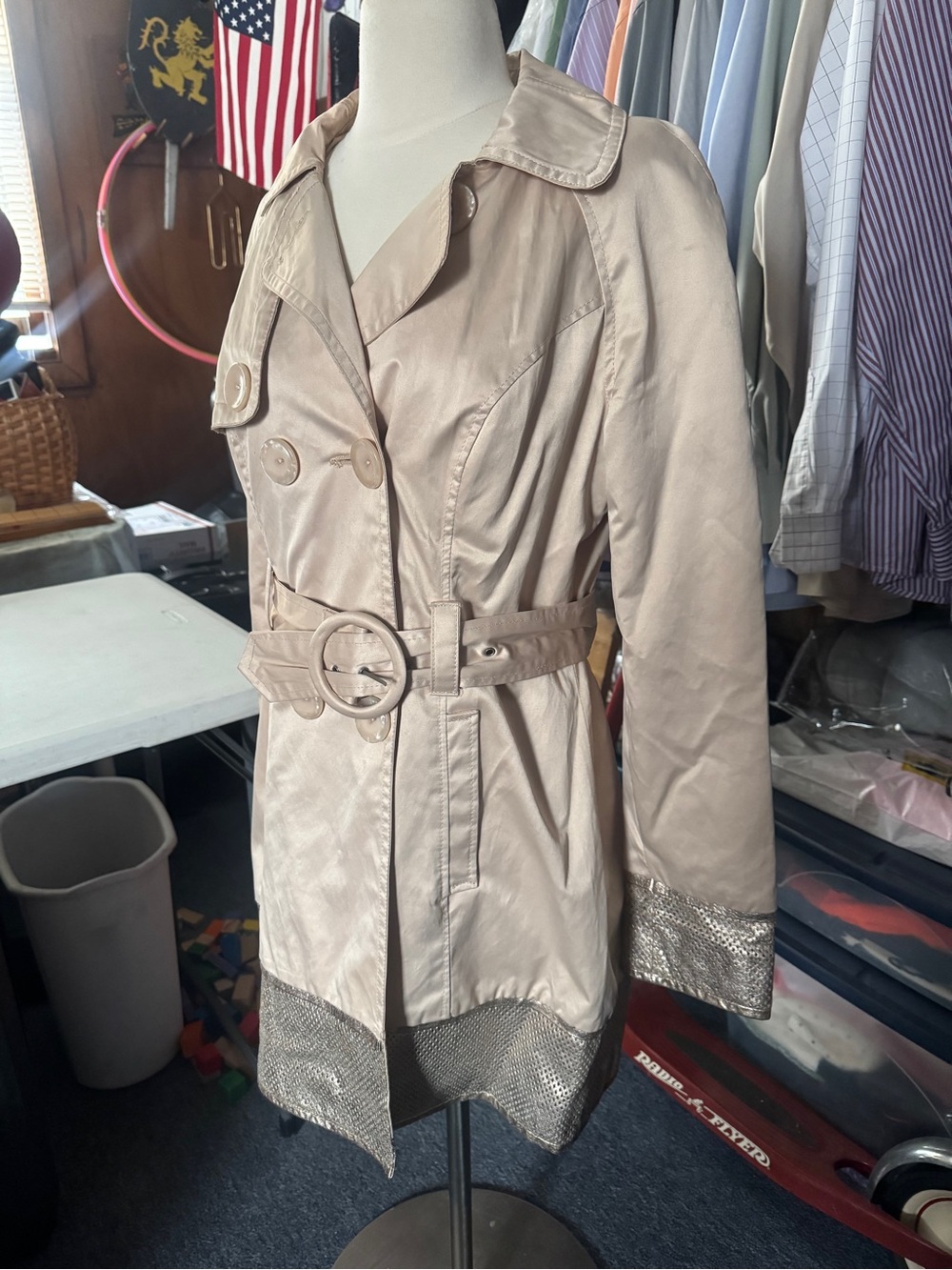 Arden B Beige Trench Coat with Metallic Trim - Picture 2 of 11